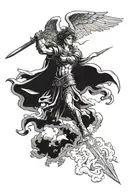 Saint Michael overpowering and defeating a demon on the ground holding a sword with shading, clouds, smoke incorporated  tattoo design idea