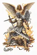 angel killing demon using sword about to pierce the demon laying on the ground with smoke coming out its body due to sun tattoo design idea