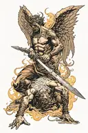 angel killing demon using sword about to pierce the demon laying on the ground with smoke coming out its body due to sun tattoo design idea