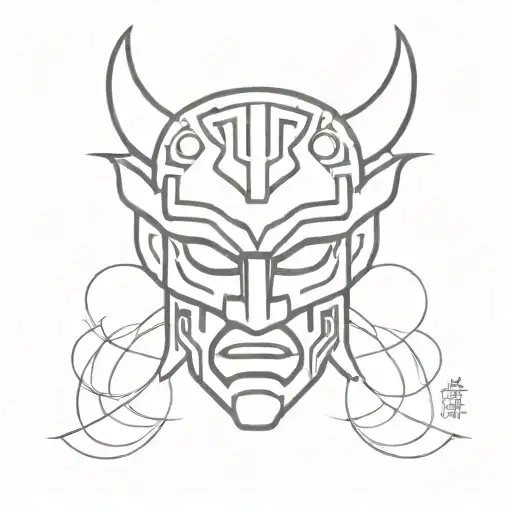 Aztec, Japanese, oni mask surrounded tattoo design idea
