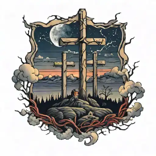 Calvary hill with the crosses and dark sky filled with darkness and lightnings tattoo design idea