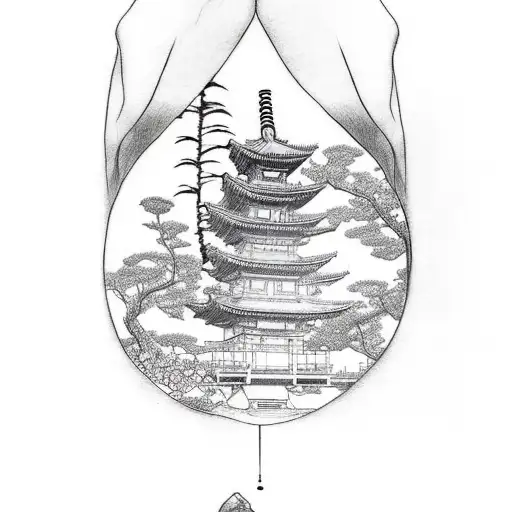 A sketch-style tattoo of a serene Japanese garden with a hidden musical element tattoo design idea