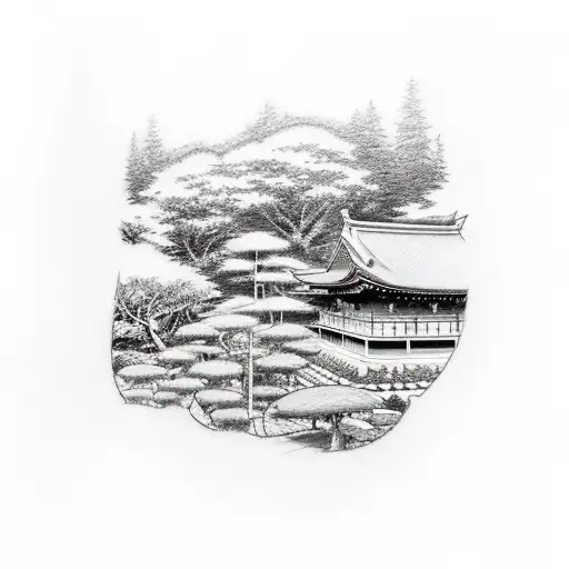 A sketch-style tattoo of a serene Japanese garden with a hidden musical element tattoo design idea
