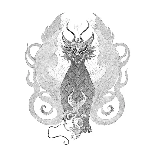 A blackwork tattoo of a mythical creature inspired by Korean folklore amidst a vibrant nature scene tattoo design idea