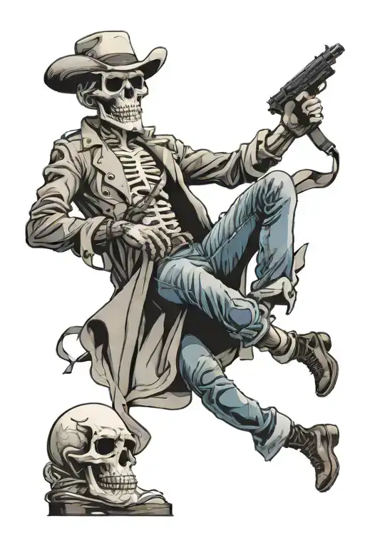 Man standing forward in straight Jacket w blue jeans & cowboy boots. Skull head w menacing smile & aviators.  tattoo design idea