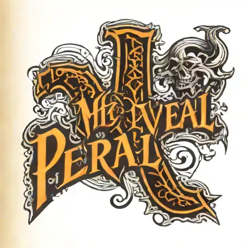 mid evil font that says PEREAL on side of right leg tattoo design idea