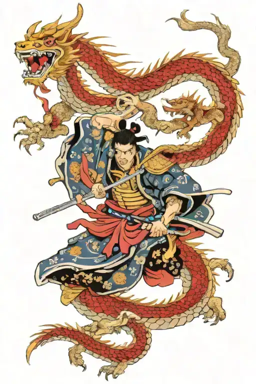 samurai warrior defending his family from a dragon  tattoo design idea