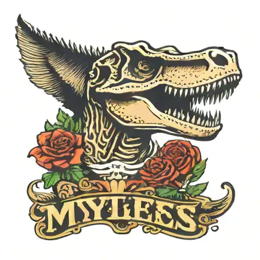 Myles name on chest with T. rex skull tattoo design idea