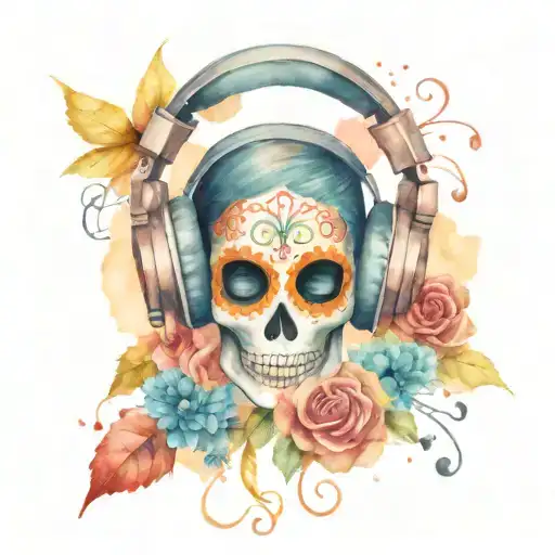 day of the dead with headphones and music notes intertwined in the design tattoo design idea