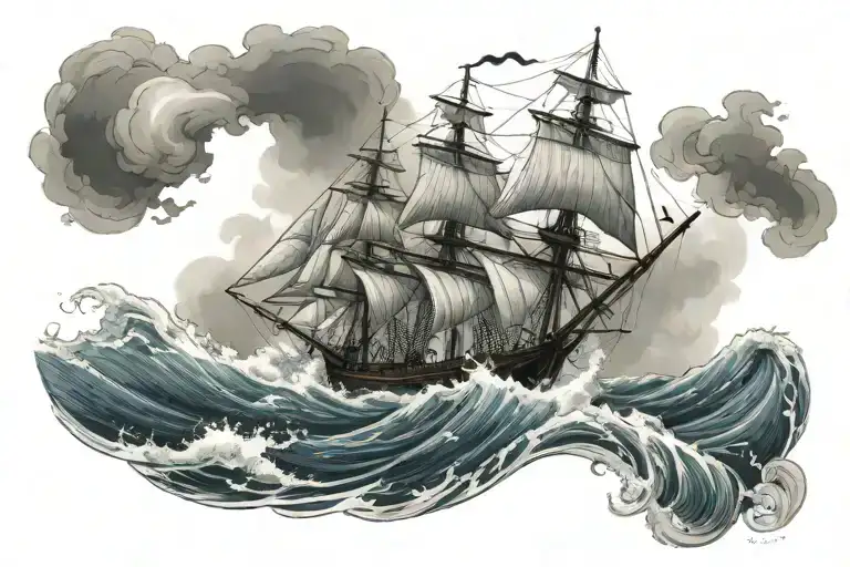 sailing ship, waves, storm tattoo design idea
