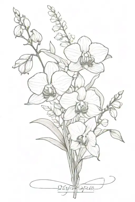 flower Bouquet with birthflowers from january, february,may,june, december and one orchid tattoo design idea