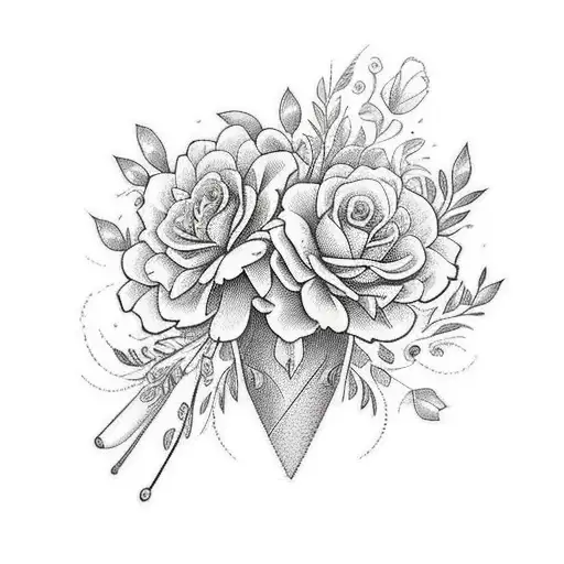 boquet of flowers with precise linework, with 2 hummingbirds tattoo design idea