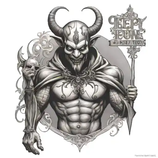 full body devil that looks like a jester with the quote "keep your friends close and your enemies closer." tattoo design idea