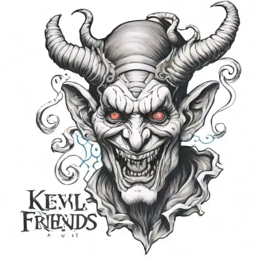 devil that looks like a jester with the quote "keep your friends close and your enemies closer." tattoo design idea