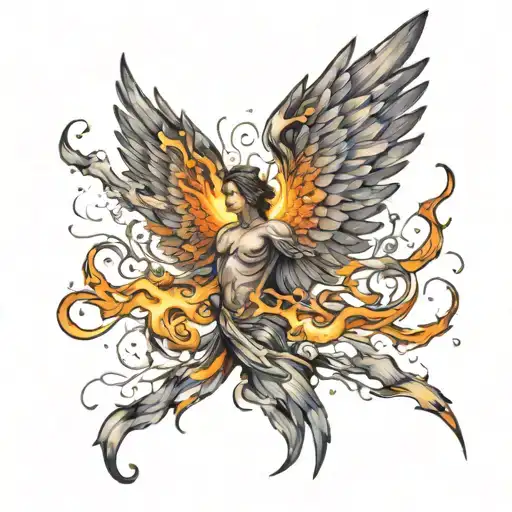 seraphim angel wings on fire tattoo design idea