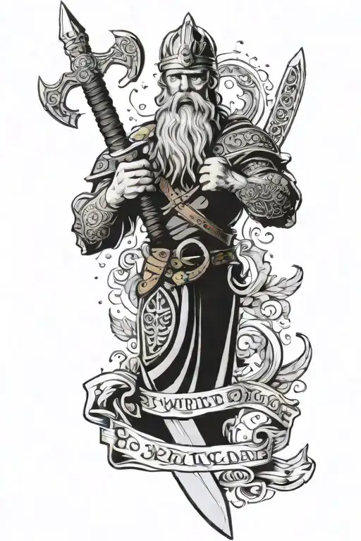 viking tattoo with a sword going down the arm with the words Erik and Ella wriiten on either side of the blade. tattoo design idea
