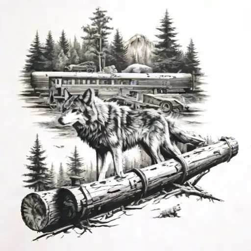  wolves, trees, split log and a train tattoo design idea