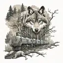  wolves, trees, split log and a train tattoo design idea