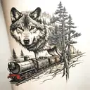  wolves, trees, split log and a train tattoo design idea