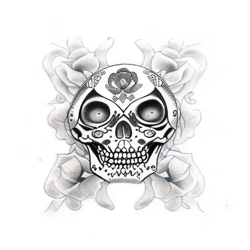 memento mori coin tattoo on a leg with a mexican inspired background tattoo design idea
