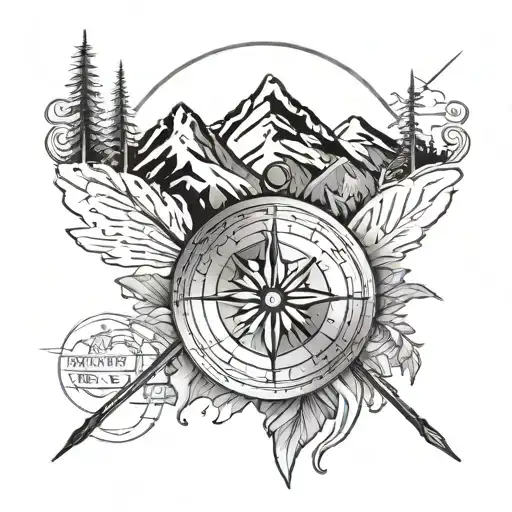 A tattoo design featuring a mountain landscape with a compass pointing towards July 24th, inspired by Alaska Native artwork tattoo design idea