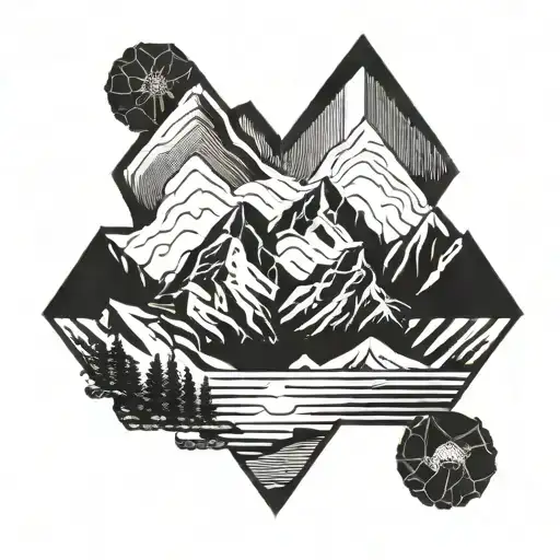 A geometric representation of a mountain range with a human heart at its core, inspired by Alaska Native artwork, in a blackwork style tattoo design idea