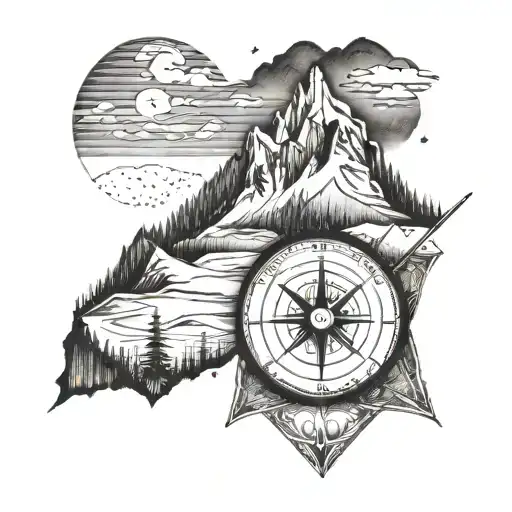 A tattoo design featuring a mountain landscape with a compass pointing towards July 24th, inspired by Alaska Native artwork tattoo design idea