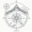 A minimalist tattoo of a compass with the date 7,24,86 with a broken road leading to a mountain peak, in a sketch style tattoo design idea