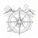 A minimalist tattoo of a compass with the date 7,24,86 with a broken road leading to a mountain peak, in a sketch style tattoo design idea