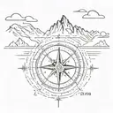 A minimalist tattoo of a compass with the date 7,24,86 with a broken road leading to a mountain peak, in a sketch style tattoo design idea