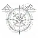 A minimalist tattoo of a compass with the date 7,24,86 with a broken road leading to a mountain peak, in a sketch style tattoo design idea