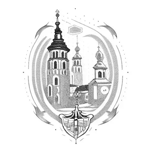 Białystok town hall tower in cuphead game style tattoo design idea