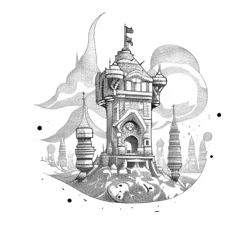 Town hall tower in cuphead game style tattoo design idea