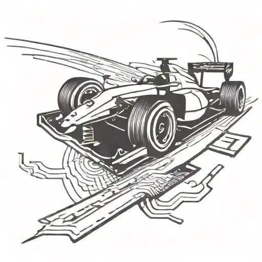 A Formula 1 car racing through a circuit with a digital crypto currency symbol integrated into the design tattoo design idea