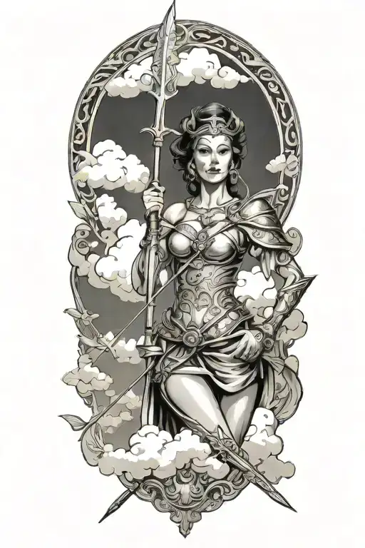 Baroque style woman warrior with a spear in clouds tattoo design idea