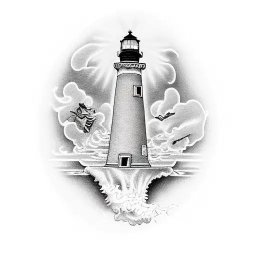 Realistic lighthouse tattoo on the thigh