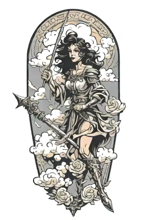 Baroque style woman warrior with a spear in clouds, painterly tattoo design idea