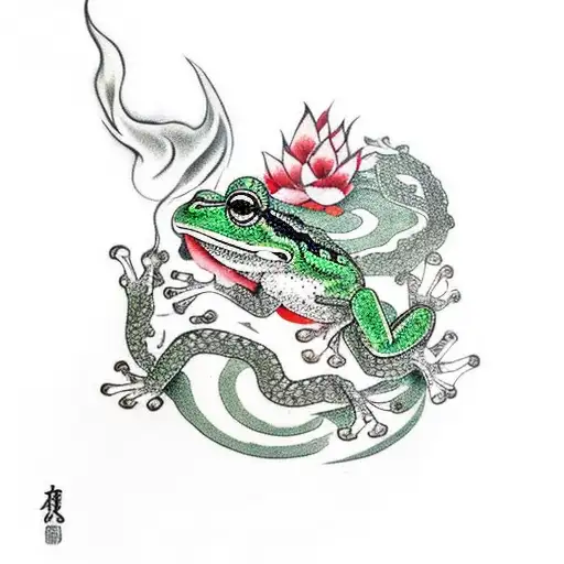 Frog smoking, koi fish on stomach of frog, smoke transforms to dragon tattoo design idea