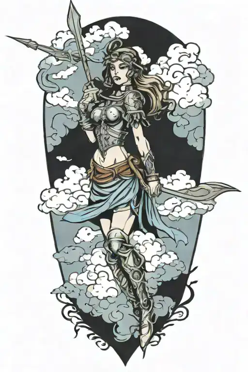 Baroque style woman warrior with a spear in clouds, painterly tattoo design idea