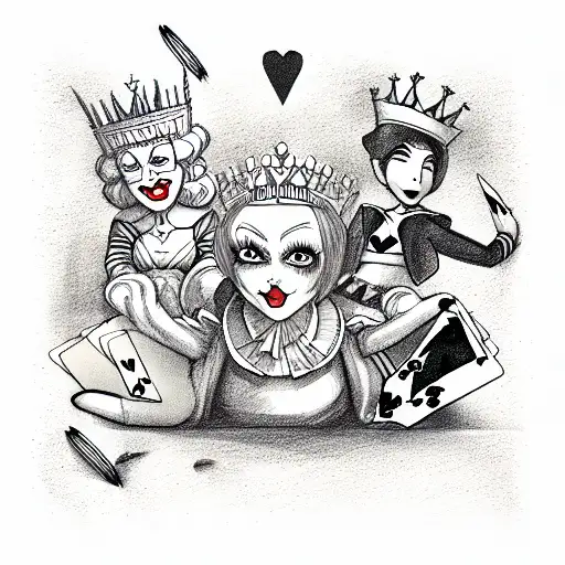 a group of cartoon characters holding playing cards, the queen of hearts tattoo design idea