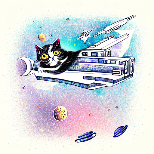 sleeping cat lying on top of a flying spaceship in space tattoo design idea
