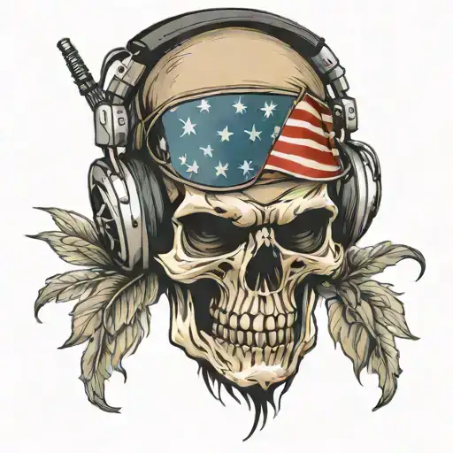Military patriotic skull wearing headphones tattoo design idea