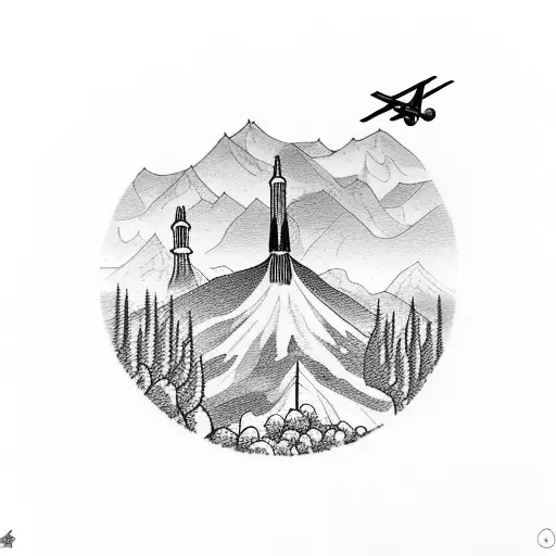 Tiny world with mountain, airplane flying around, grape Vines growing tattoo design idea
