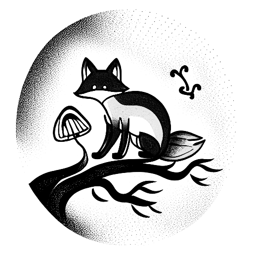 rainbow fox climbing up a gnarly tree with mushrooms at the base tattoo design idea