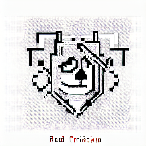 Red square with a black and white teeth, pixel art tattoo design idea