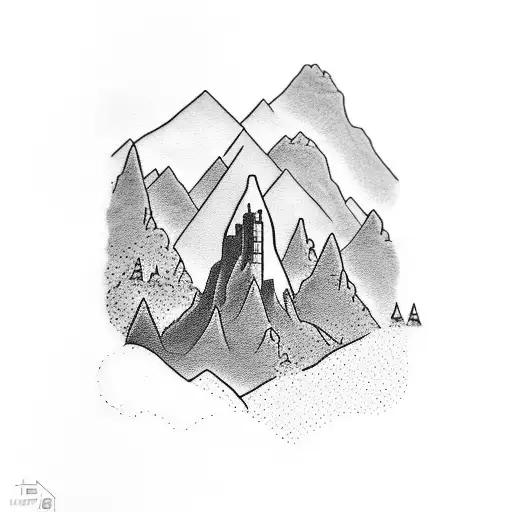 Tiny world with mountain, airplane flying around, grape Vines growing tattoo design idea