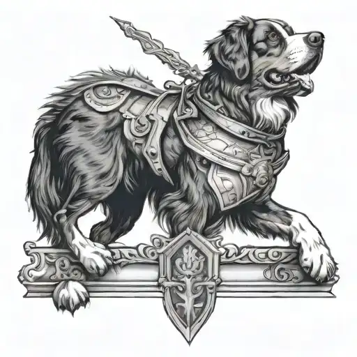 Bernese Mountain Dog ridden by a knight going into battle with an hourglass tattoo design idea