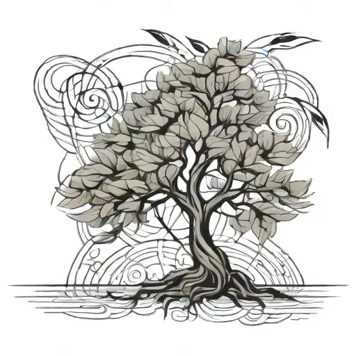 whimsical Willow tree in the wind tattoo design idea