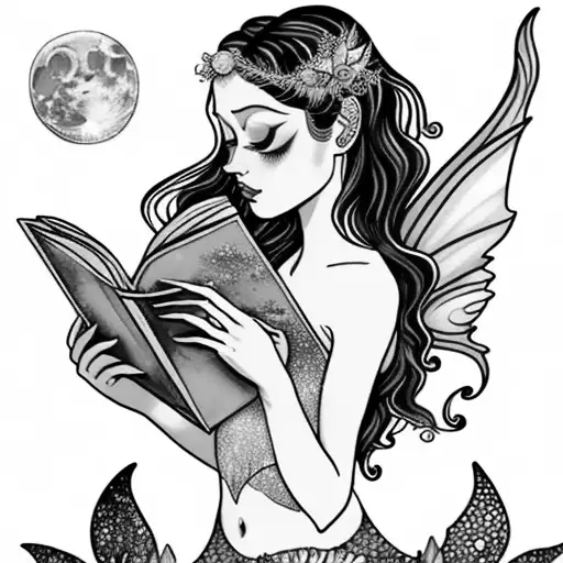 moon. mermaid with fairy wings, reading books. mermaid tail. magic, butterflies  tattoo design idea