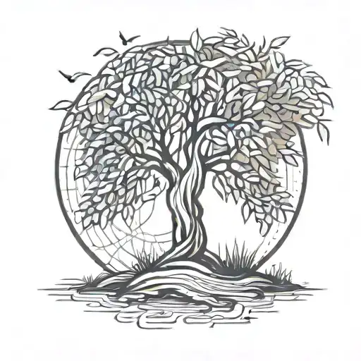whimsical Willow tree in the wind tattoo design idea